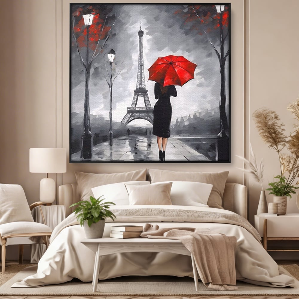 Tablou canvas cu pictura cu femeie si umbrela rosie, in rama de aluminiu negru, pe perete intr-un dormitor